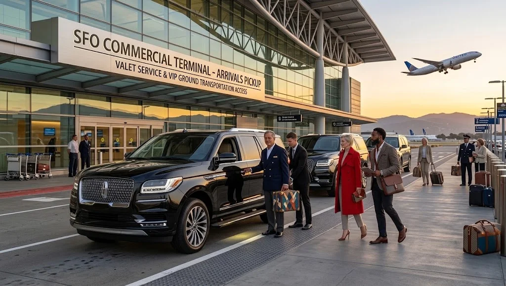Bien Chauffeured chauffeur greeting guests beside a Lincoln Navigator at SFO arrivals