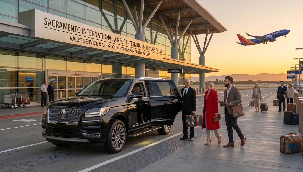 Bien Chauffeured chauffeur greeting guests beside a Lincoln Navigator at Sacramento International arrivals