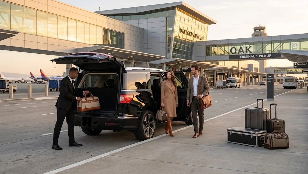 Bien Chauffeured chauffeur loading luggage into a Lincoln Navigator at Oakland Airport arrivals