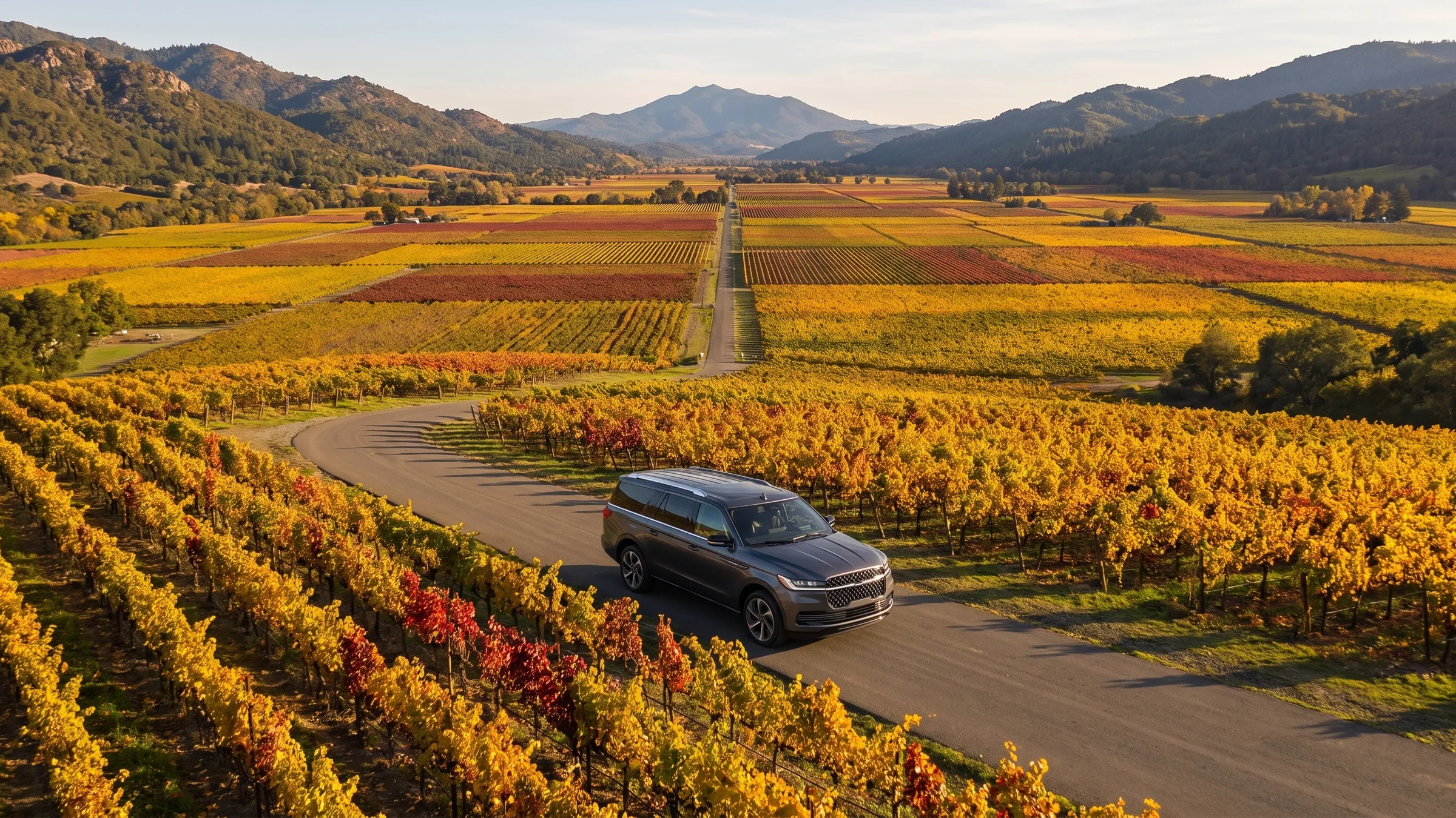 Autumn vineyards across the Napa Valley floor between the Mayacamas and Vaca ranges