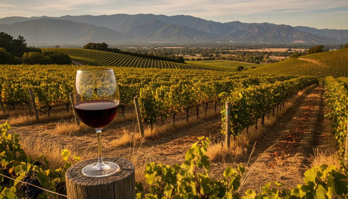 Glass of red wine on a post above Napa Valley vineyards at golden hour