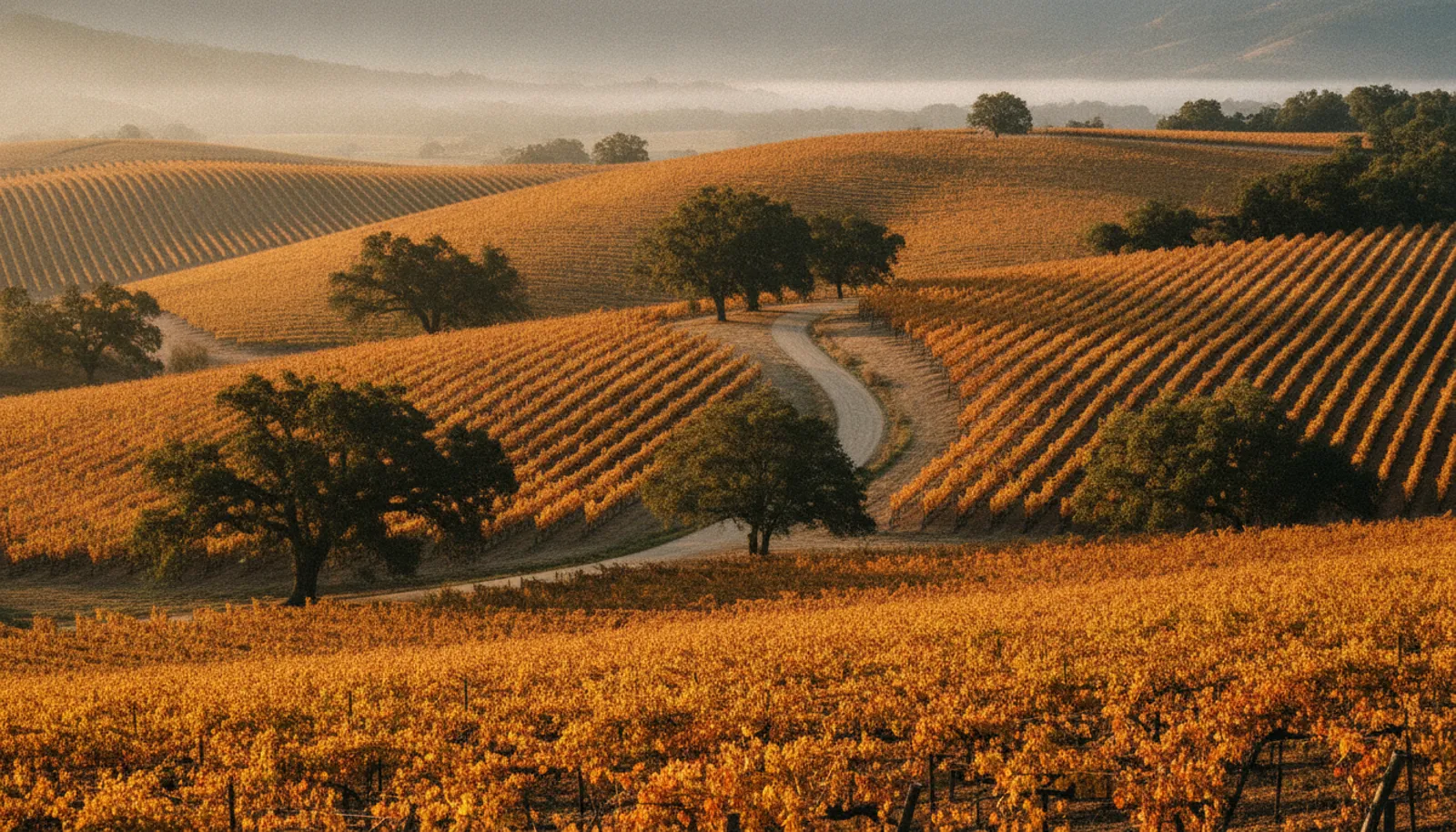 Vineyards and oak-covered hills near Healdsburg in Sonoma County at golden hour
