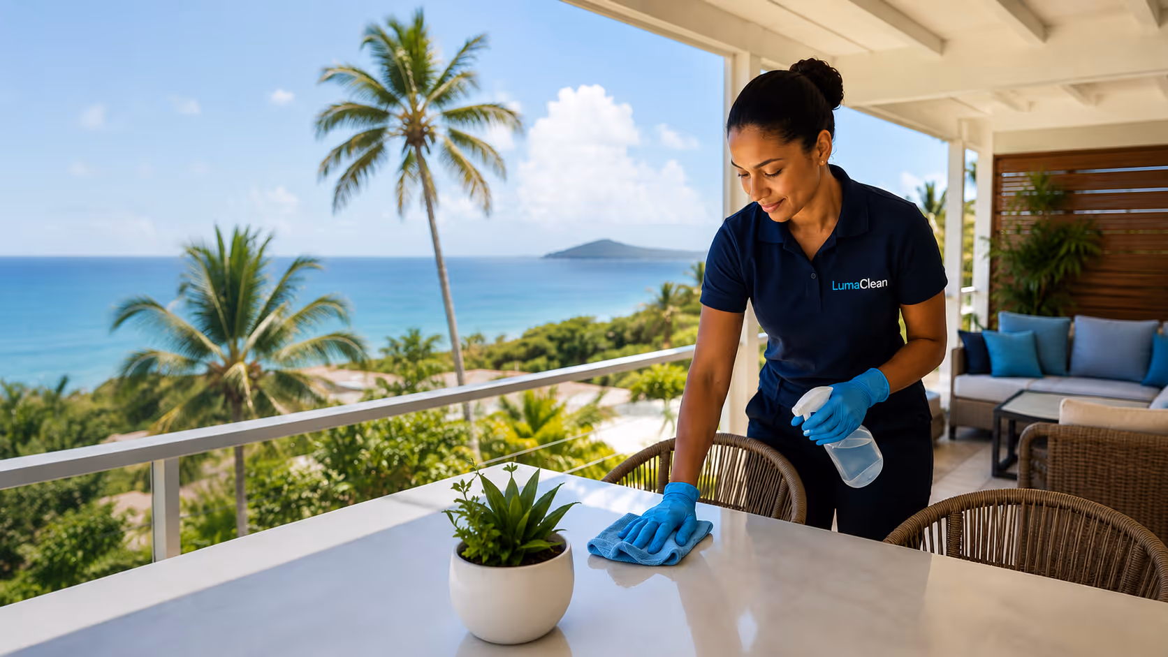 Technicienne LumaClean nettoyant une table sur une terrasse de villa en Guadeloupe