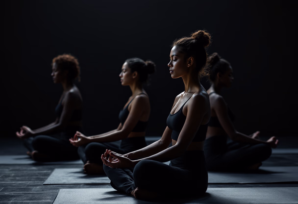 Women meditating together in a dark studio
