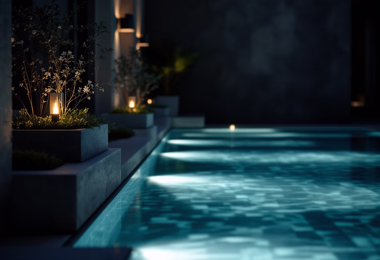 Night swimming pool lit by candlelight