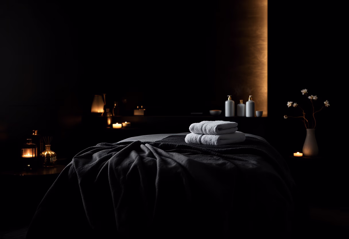 Dark, candlelit spa treatment room with folded towels