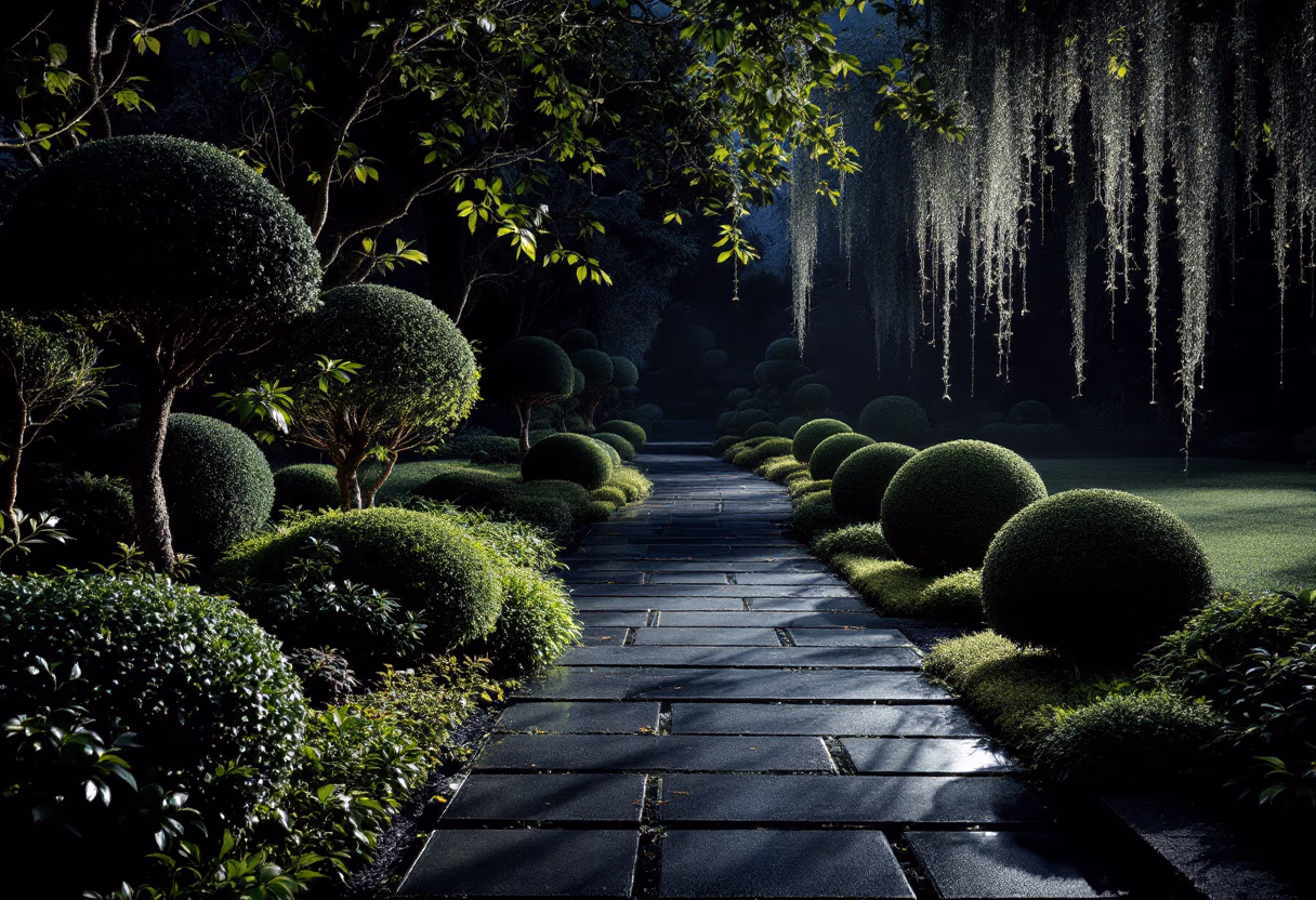 Moonlit garden pathway lined with topiary