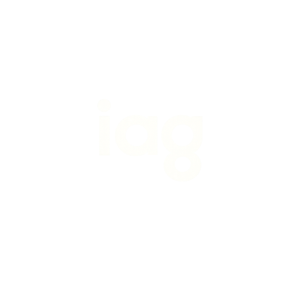 Bright glowing white lowercase letters 'iag' on a gray background with a diffuse light effect.