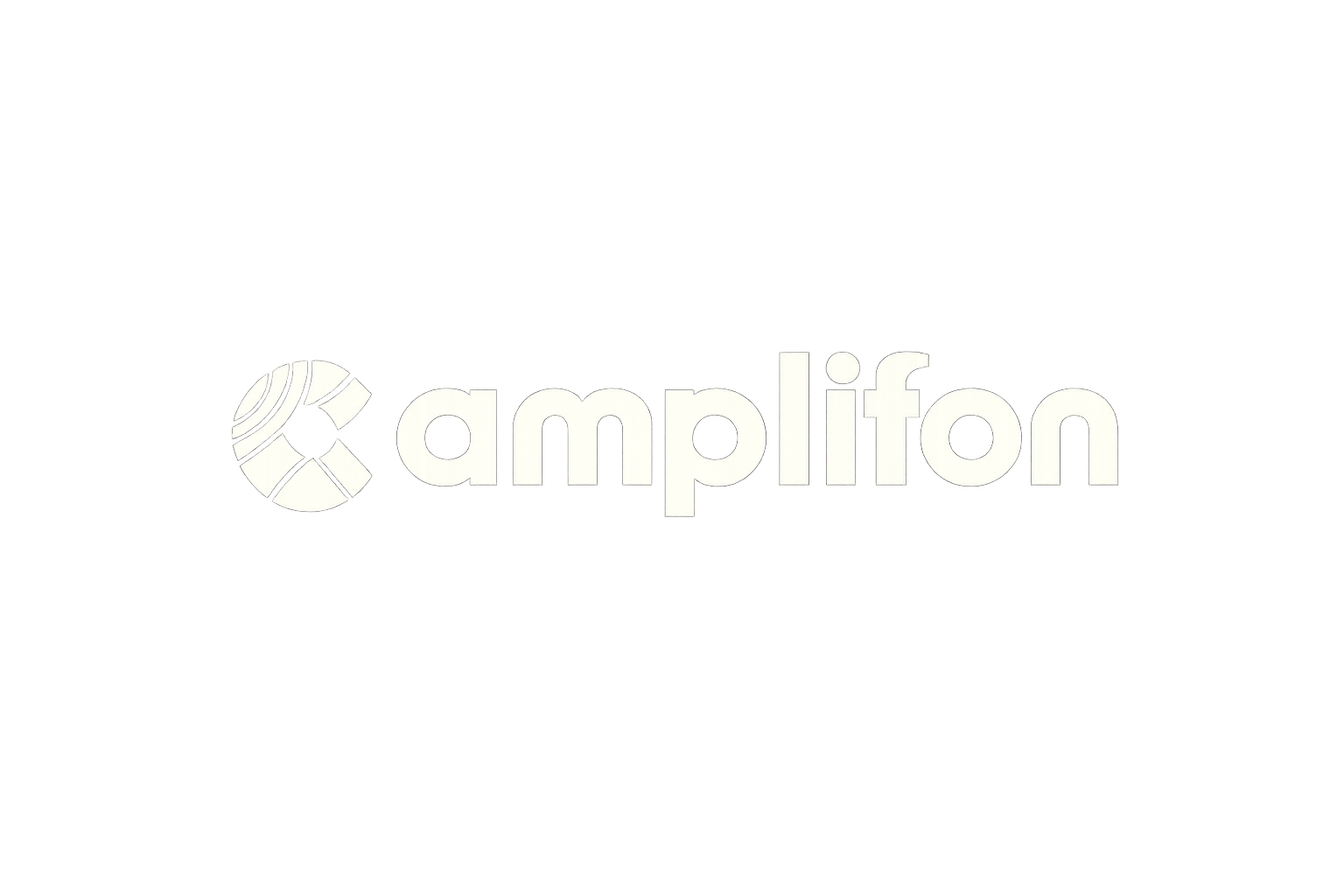 Amplifon logo with a circular symbol and bold lowercase text glowing on a gray background.