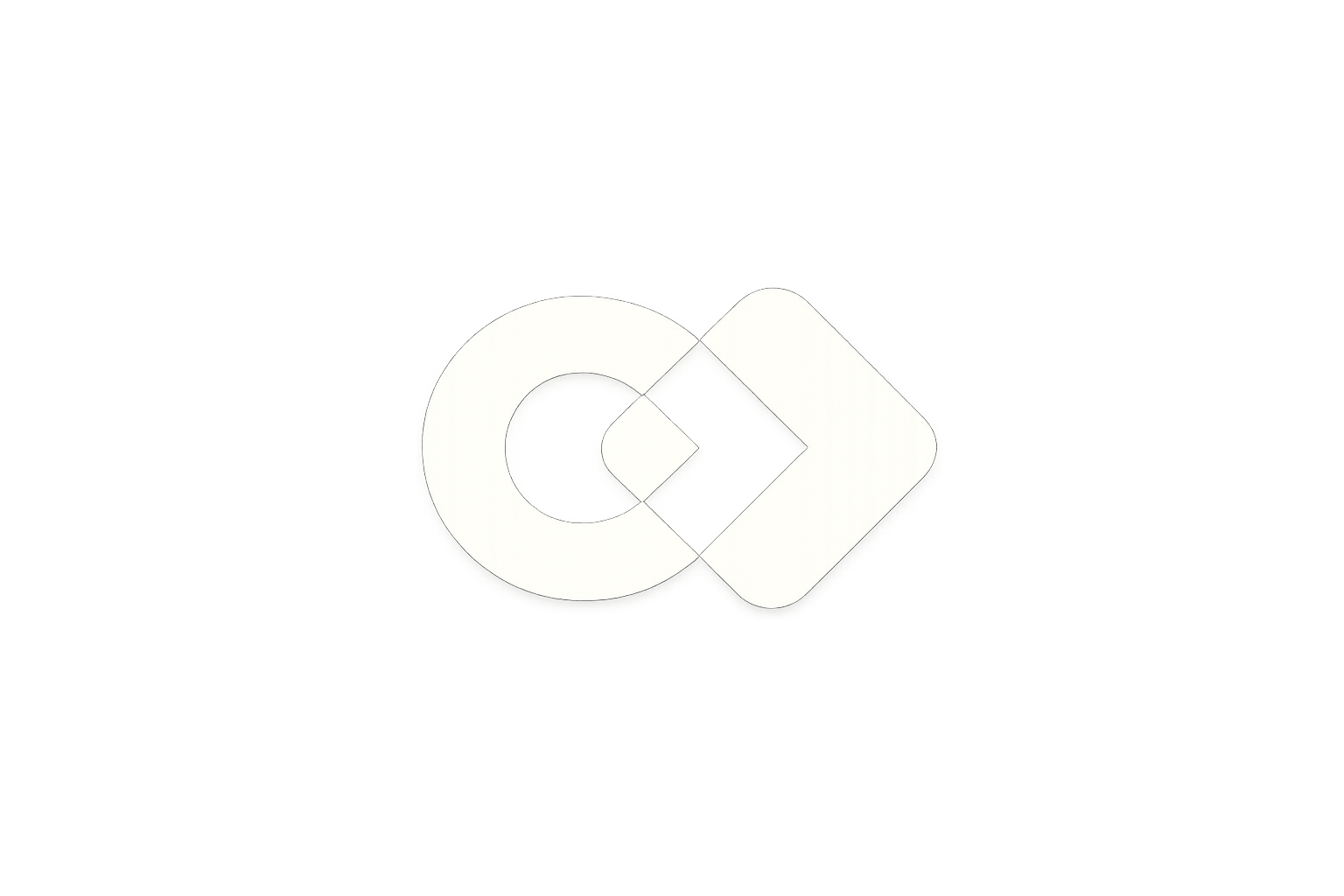 Abstract geometric logo with a white circular shape connected to a diamond shape on a gray background.