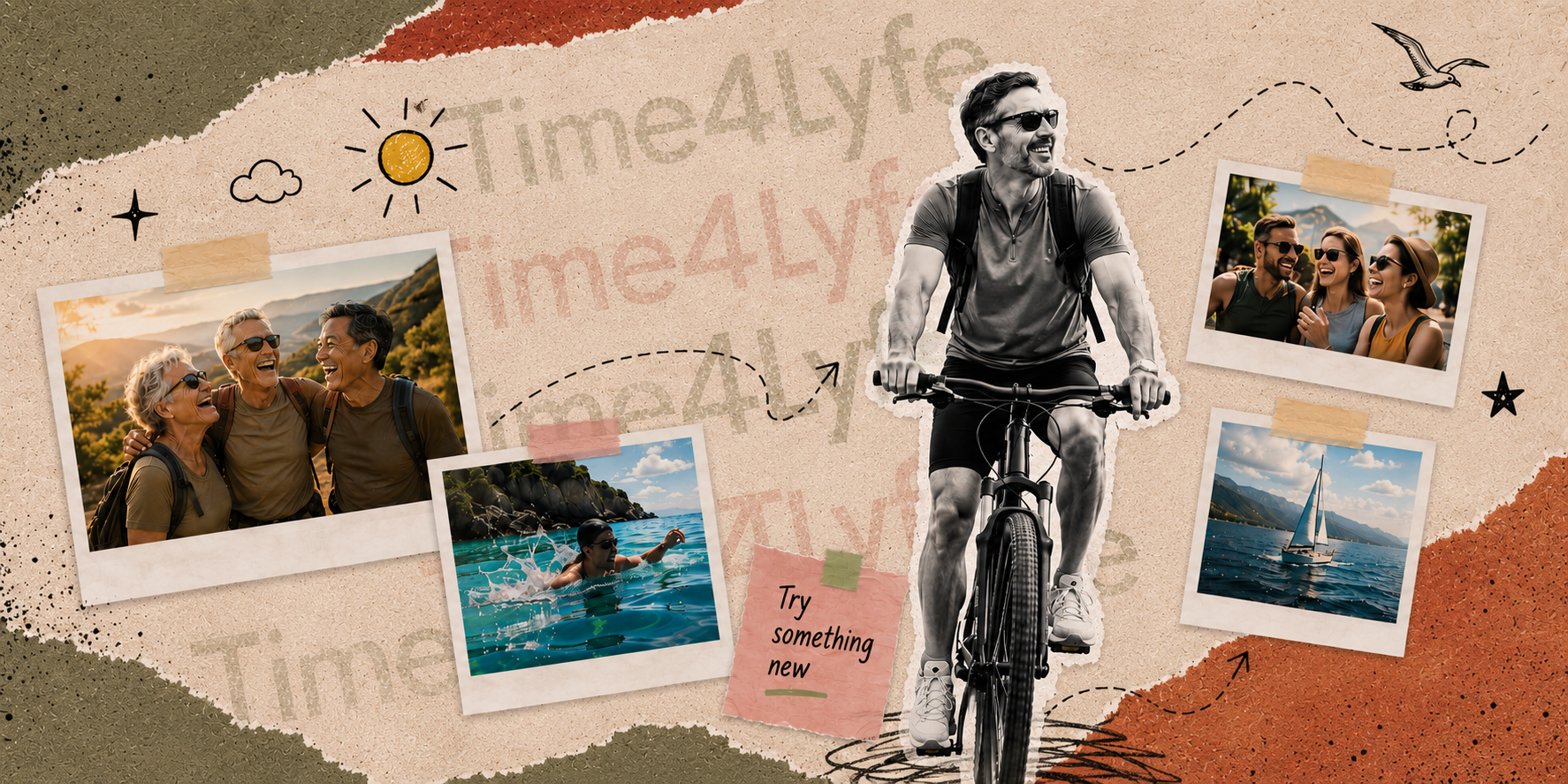 Collage representing the joy of living well through movement, connection, adventure and everyday habits.