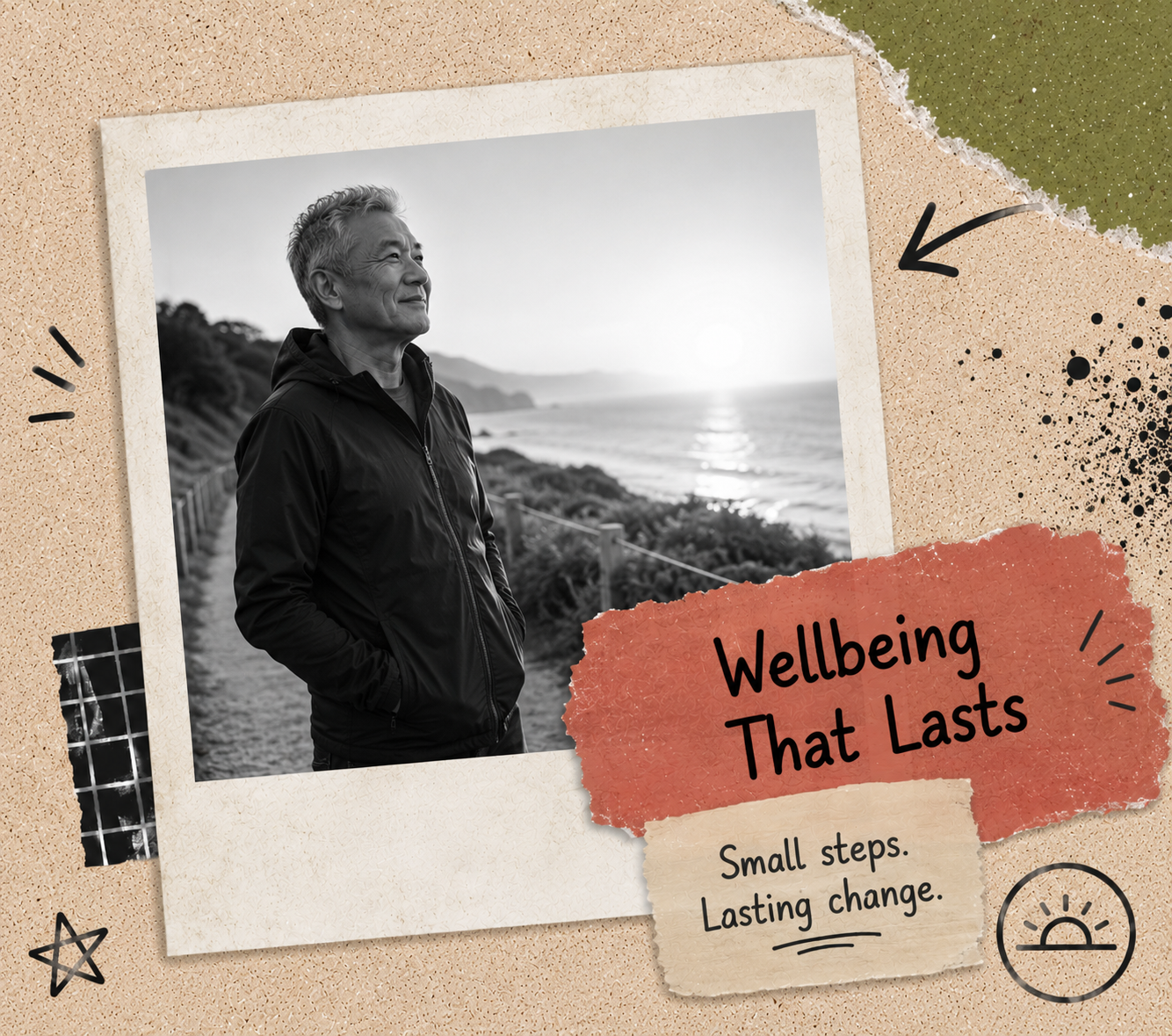 Speaker presenting practical strategies for creating lasting wellbeing through healthy habits.