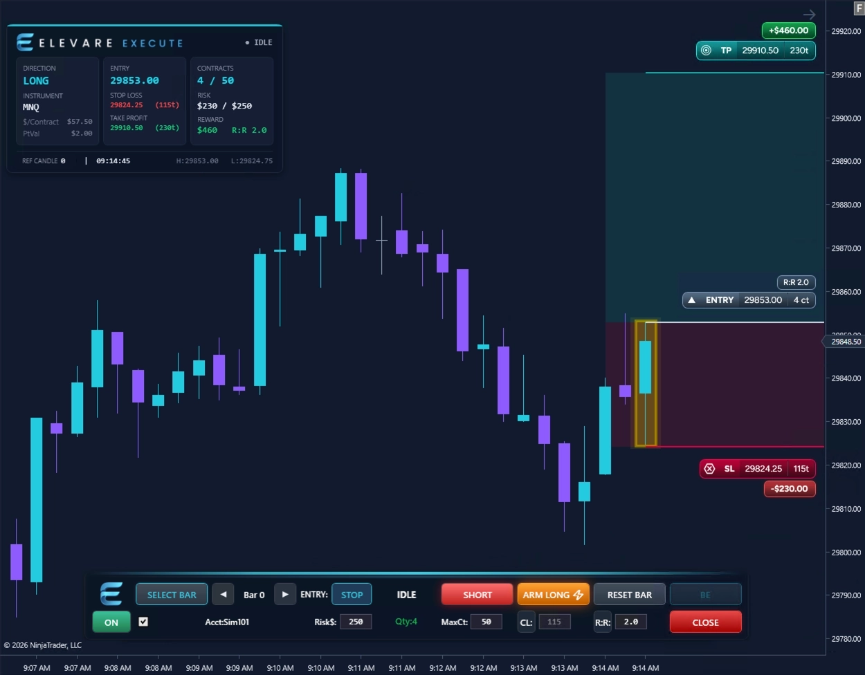 Elevare Execute running on a NinjaTrader 8 futures chart in the Cyan Horizon Dark theme, with an active simulated bracket trade
