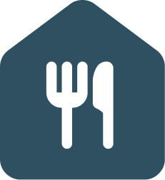 Black fork and knife icon inside a rounded blue house shape.