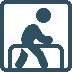 Icon of person walking with a walker frame inside a rounded square border.