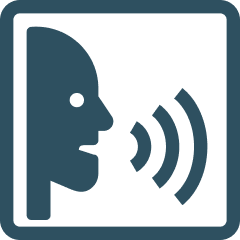 Icon of a person speaking with sound waves coming from mouth inside a rounded square border.