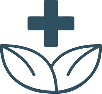 Medical cross symbol above two leaves representing health and nature.