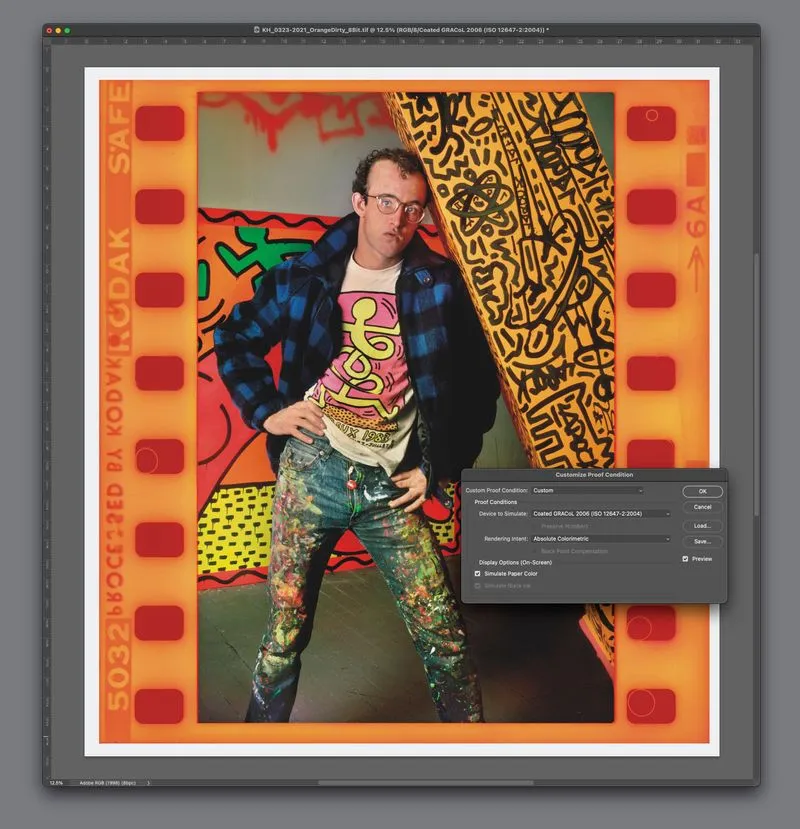 Soft-proof preview comparing wide-gamut color against print output