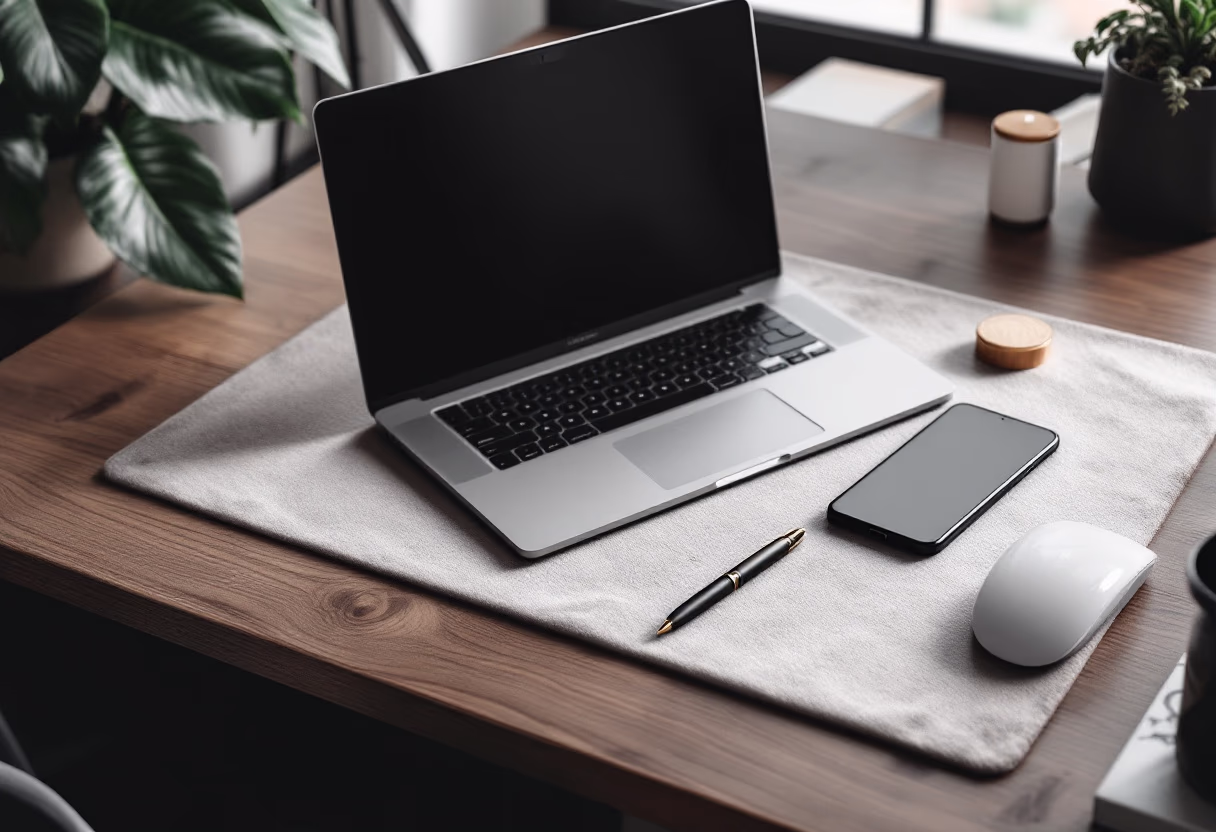 Overhead view of a desk with a laptop and business planning materials.