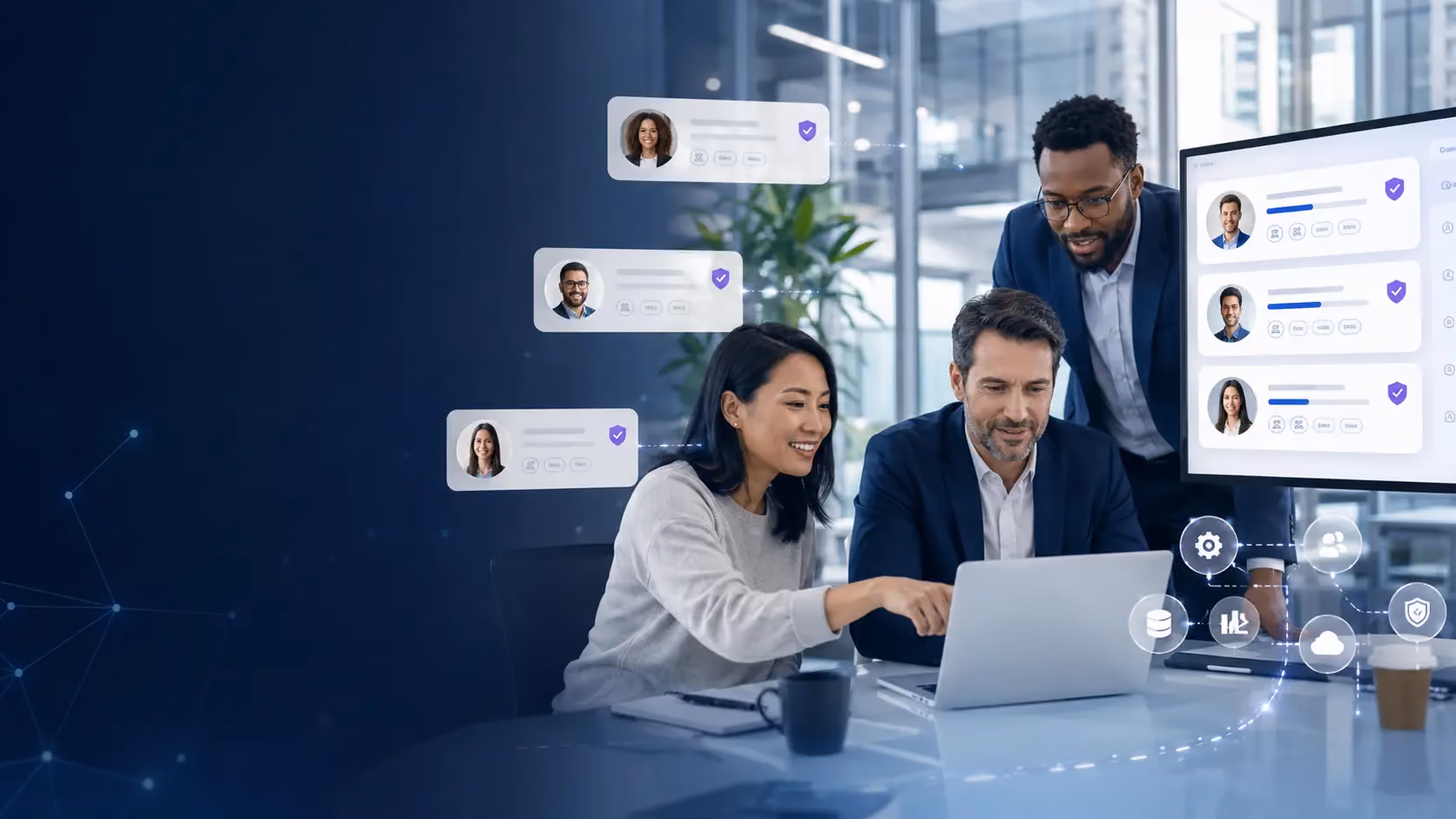 Business team reviewing matched profiles of vetted AI experts on a digital marketplace.