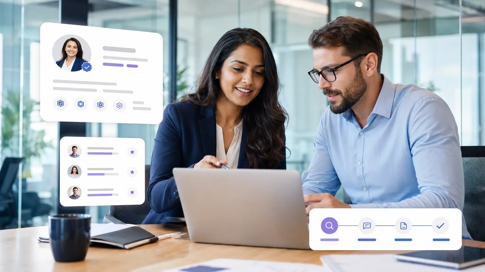 AI freelancer collaborating with a business client alongside verified profile and project-matching interface elements.