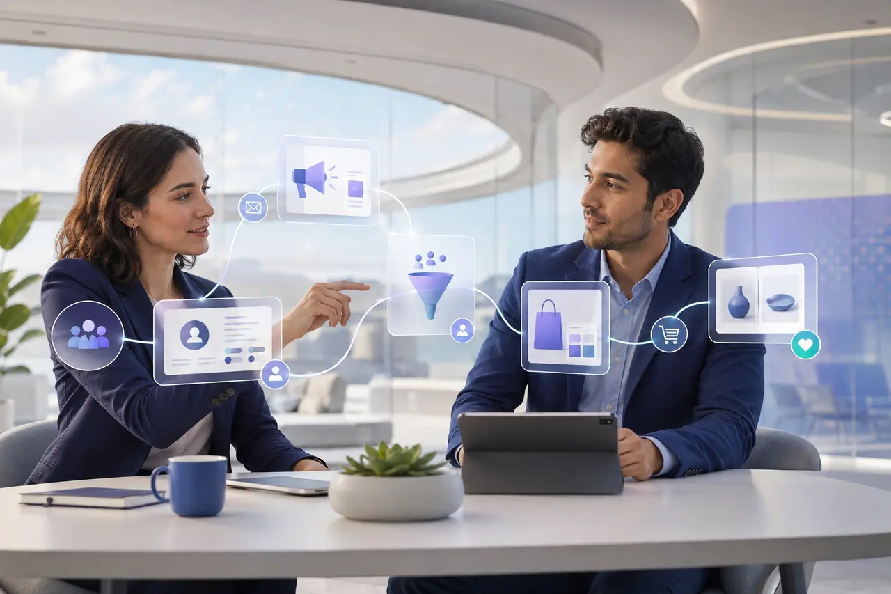 Marketing and sales professionals mapping an AI-powered customer journey and commerce workflow.