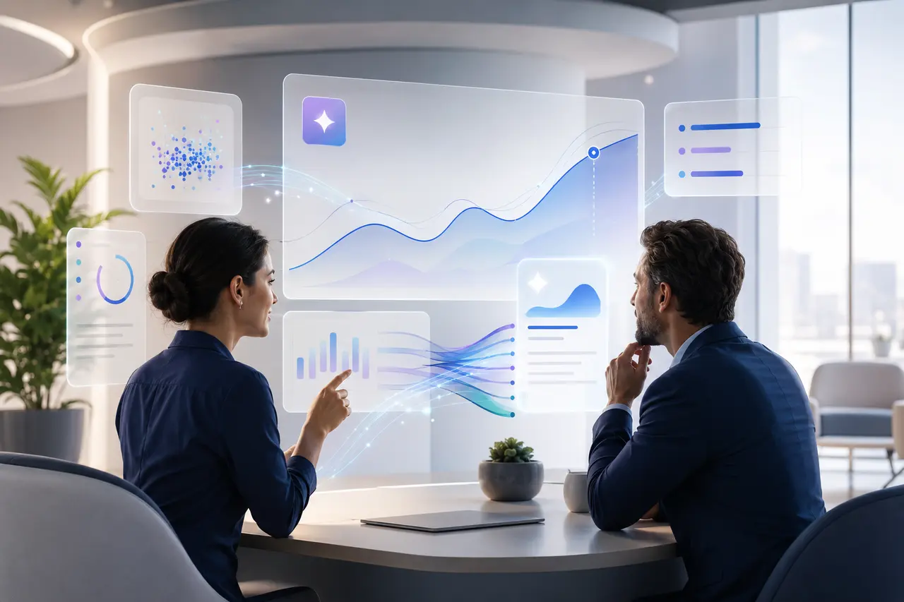 A data analyst and business leader reviewing predictive insights and visual data trends.