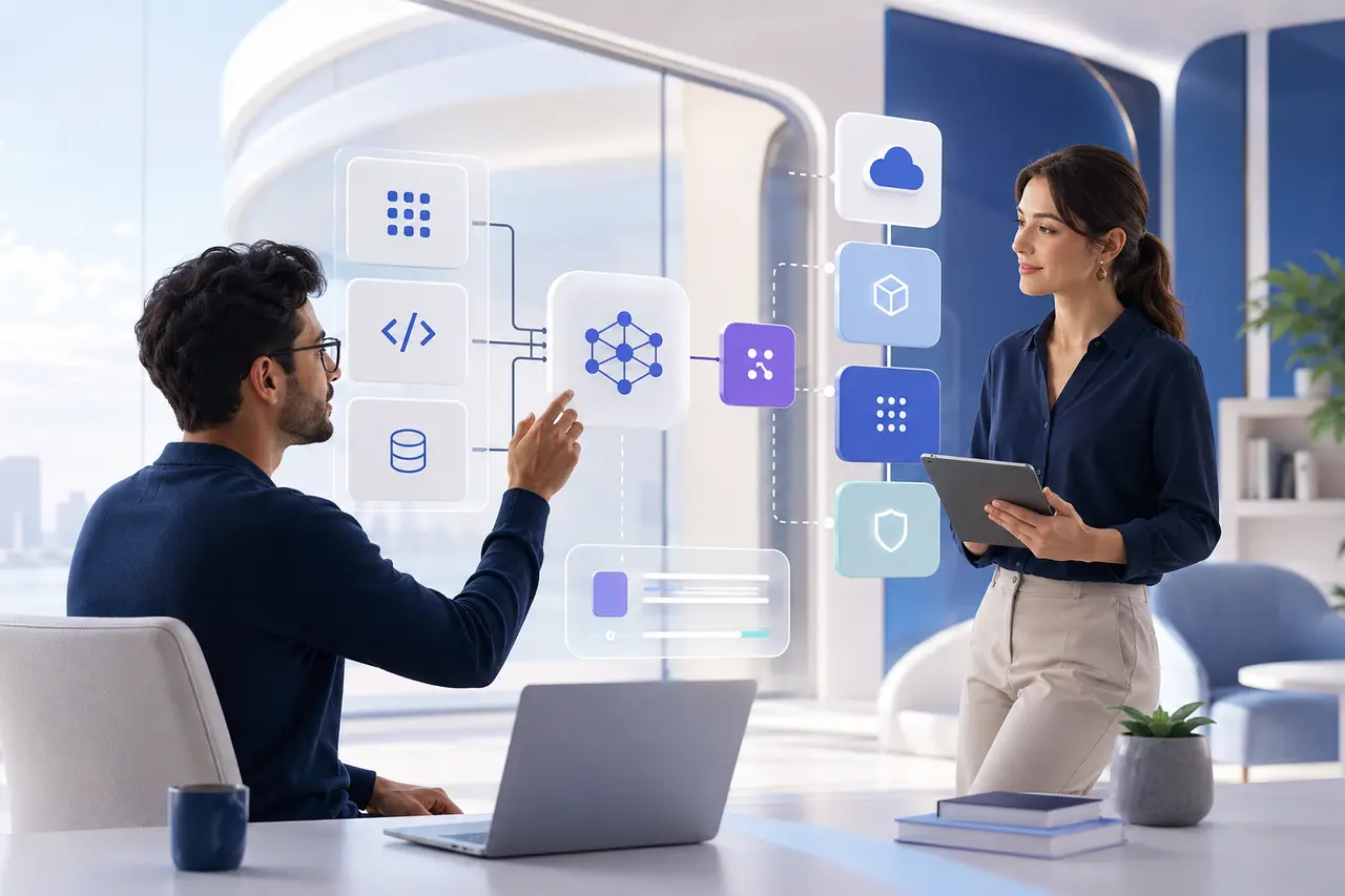 A developer and product specialist assembling a modular AI application with connected services.