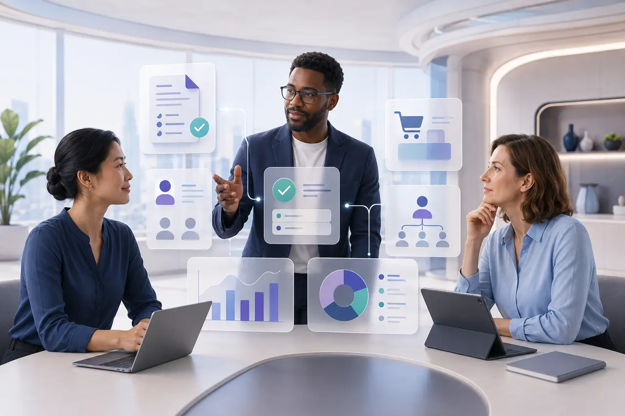 Finance, HR, and operations professionals reviewing connected AI-assisted business workflows.