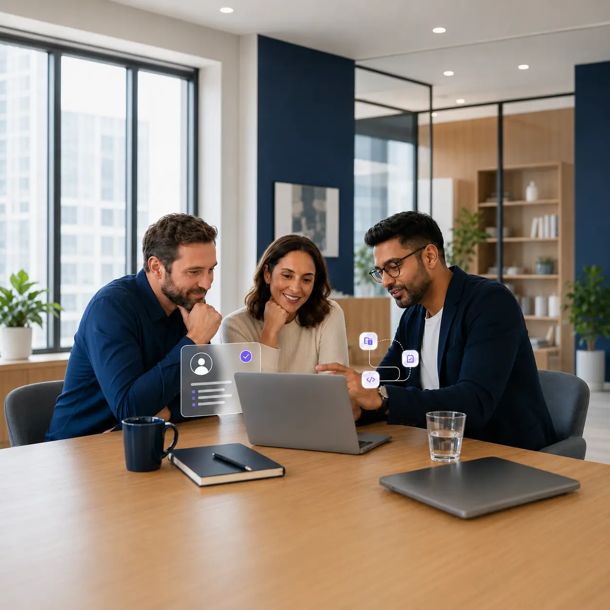 Three business professionals centered around a laptop while reviewing verified AI expert and project workflow cues.