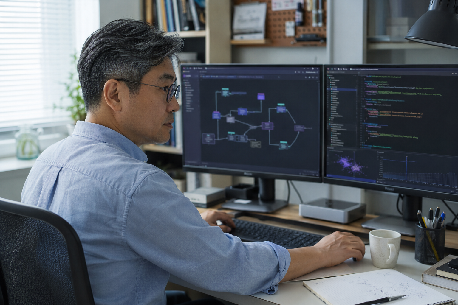 Independent AI developer coding and debugging a graph-based agent system in a home studio.