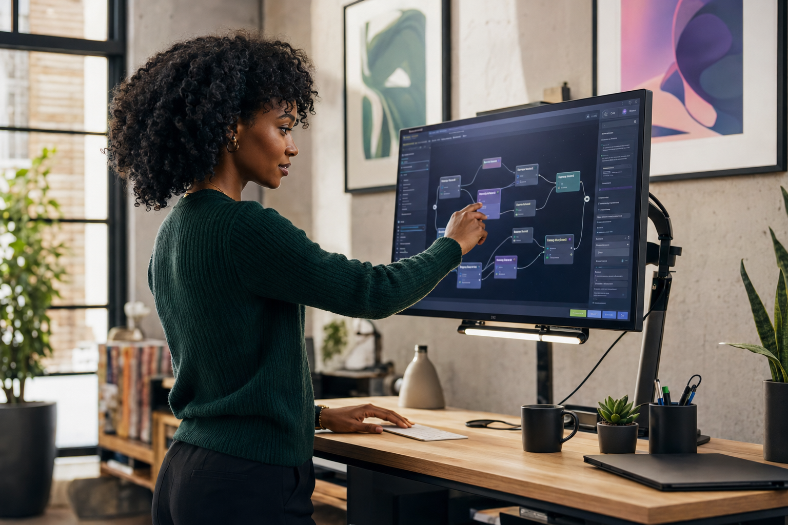 Independent AI freelancer building an advanced agent workflow in a bright coworking studio.