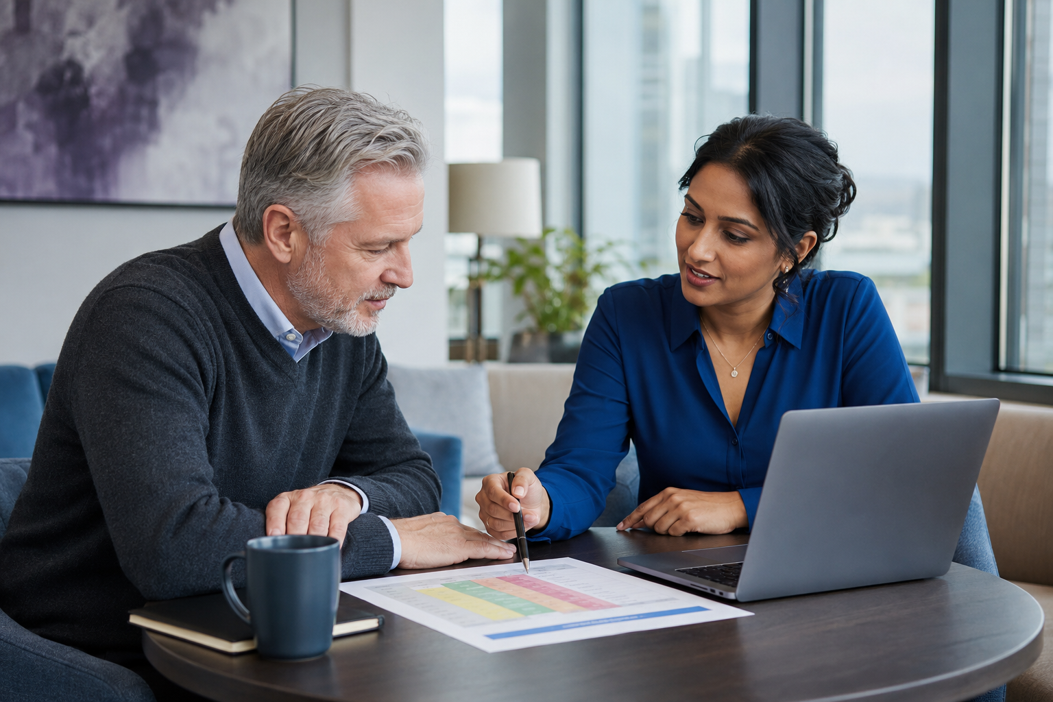 Executive learner reviewing a generative AI strategy with an experienced mentor.