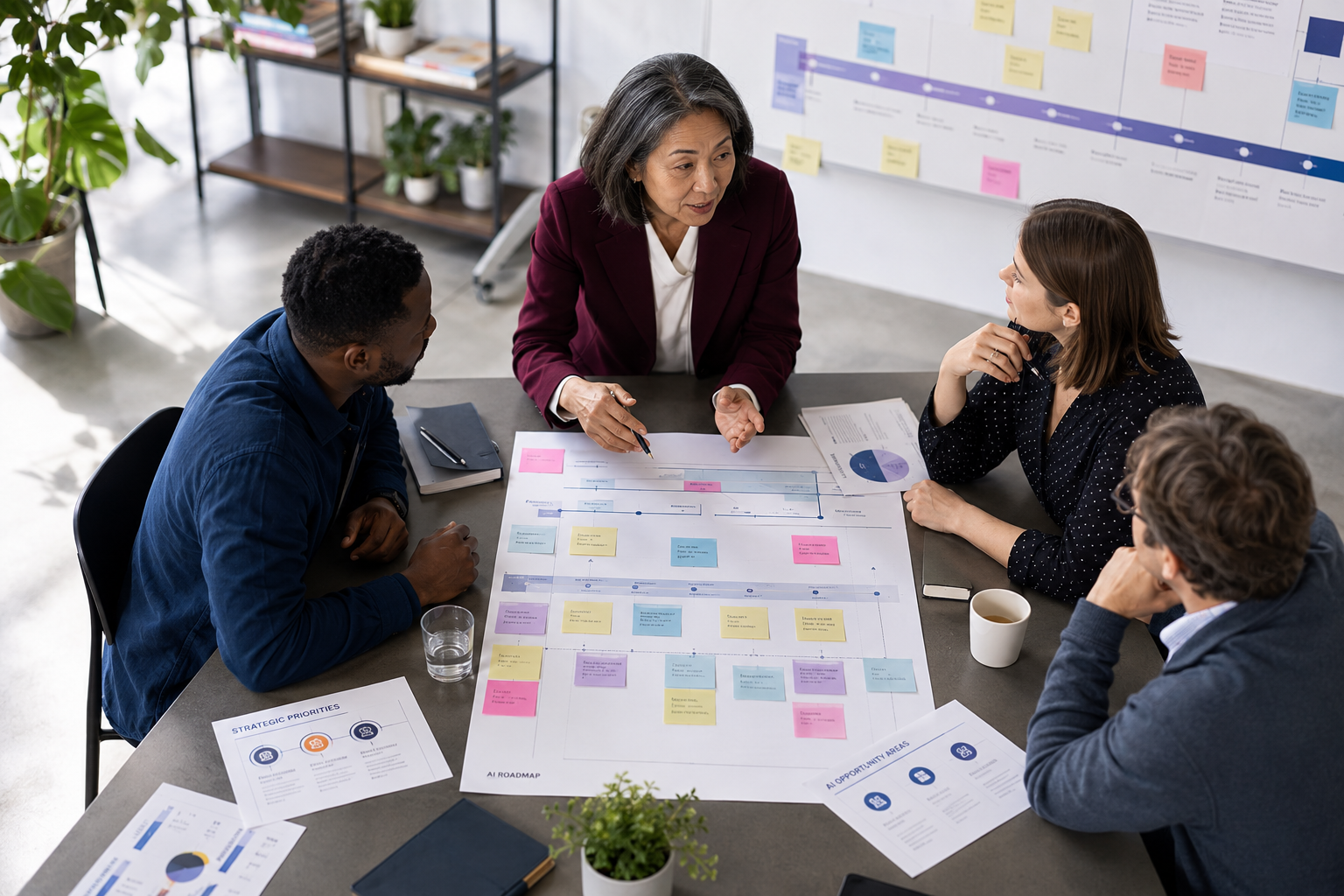 Leadership team building an AI strategy roadmap in a workshop.