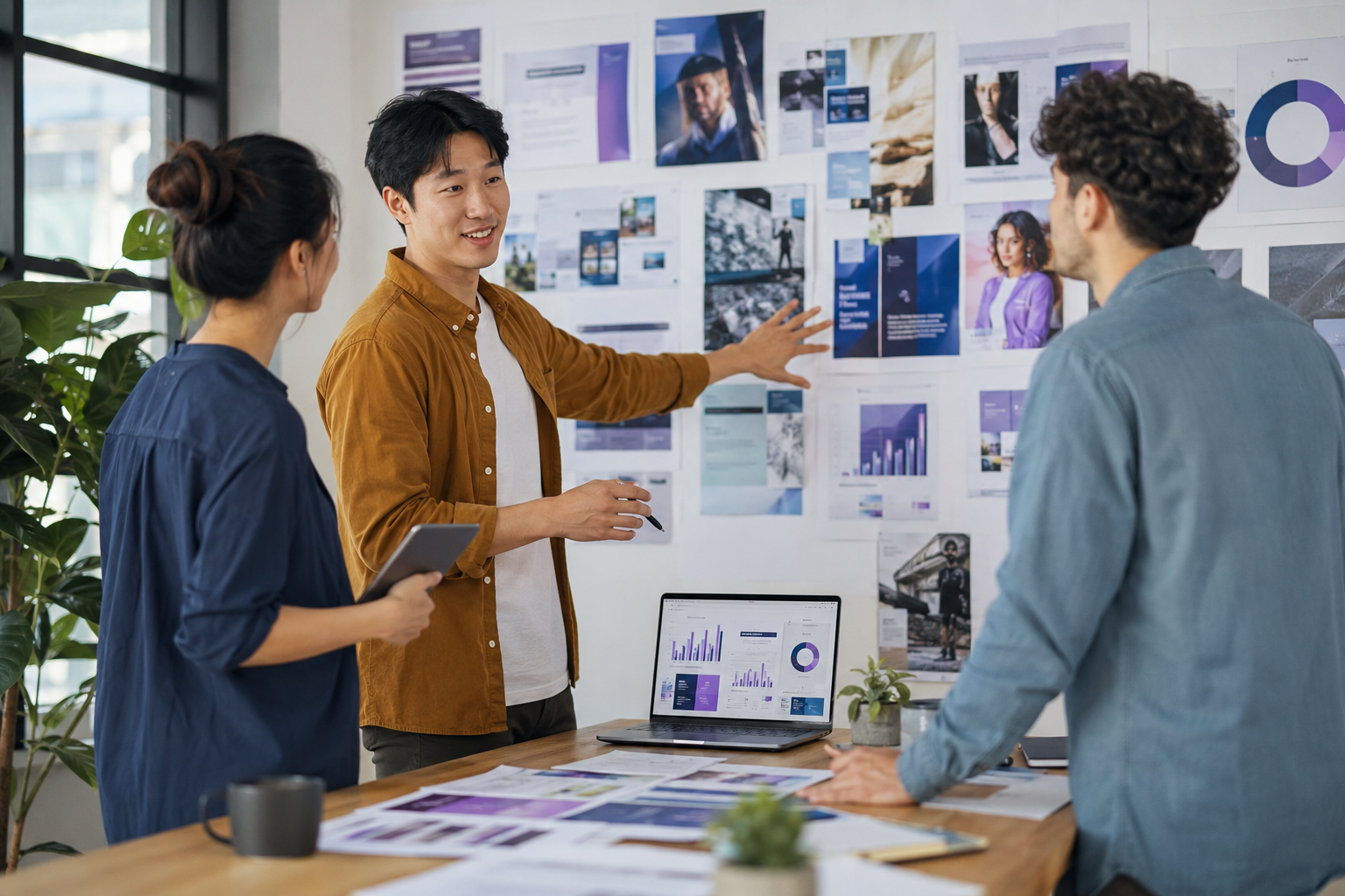 Marketing team planning an AI-supported campaign in a creative studio.