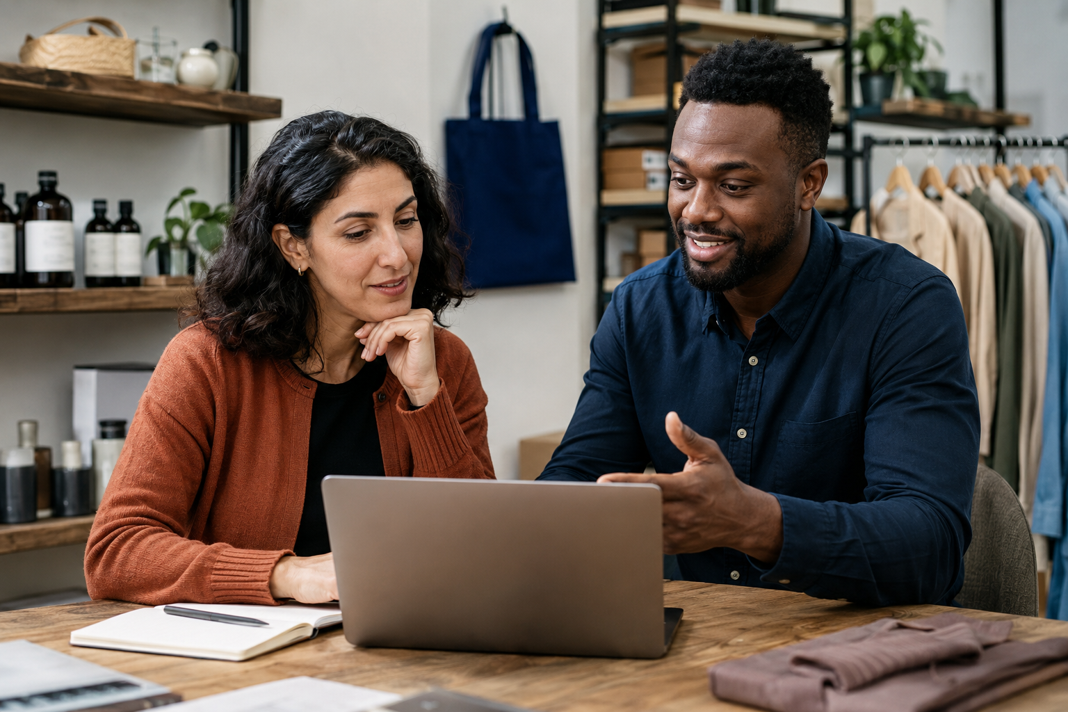 Small-business team reviewing AI-supported CRM and customer insights.