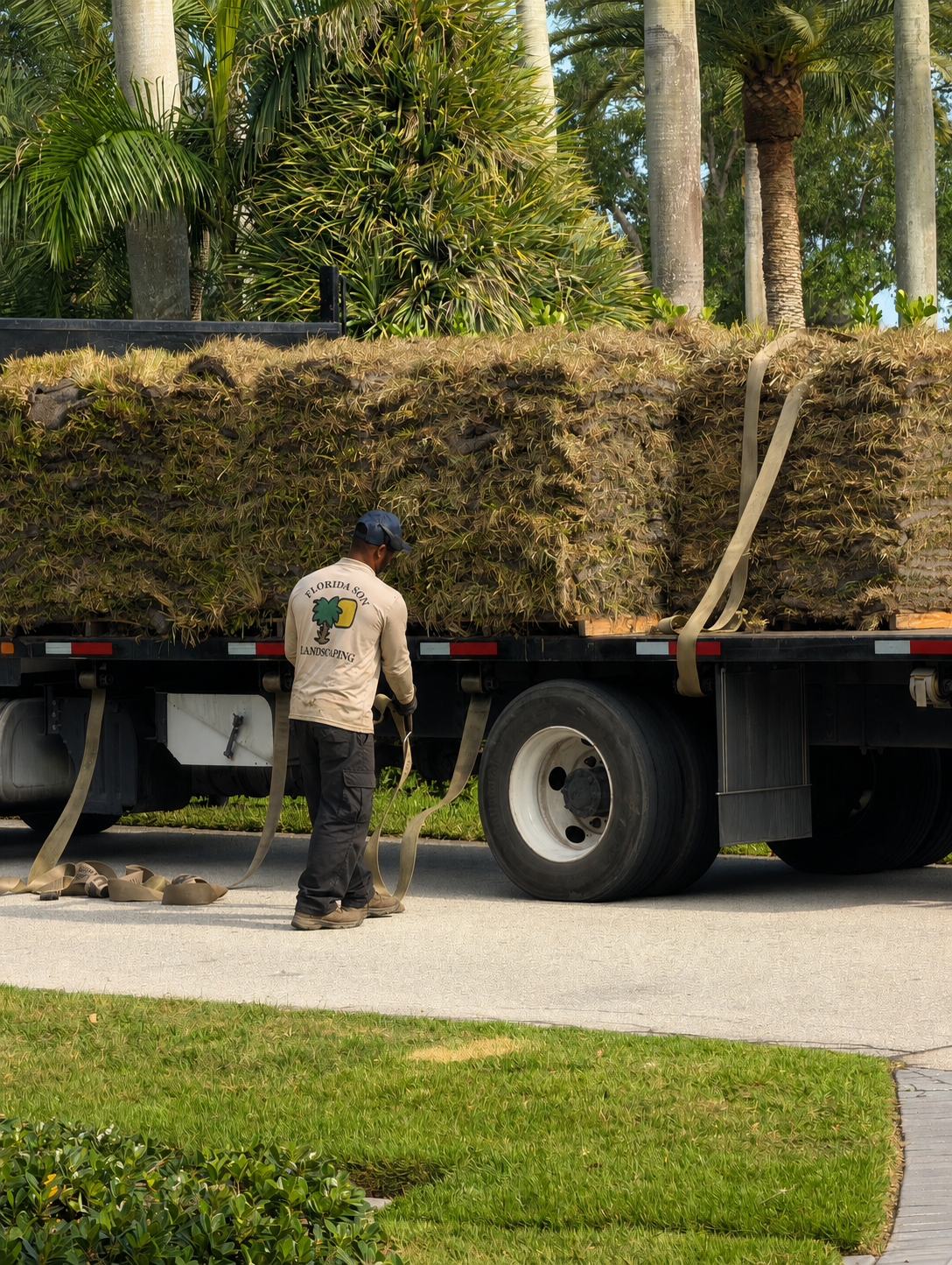 Florida Son Landscaping crew member maintaining a South Florida estate property