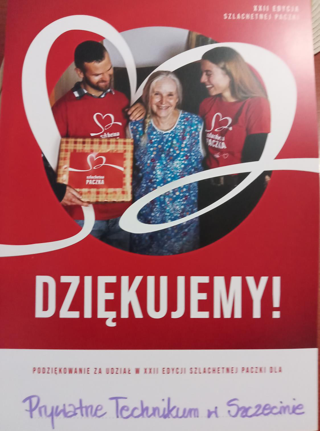 Podziękowanie dla Prywatnego Technikum w Szczecinie za udział w Szlachetnej Paczce