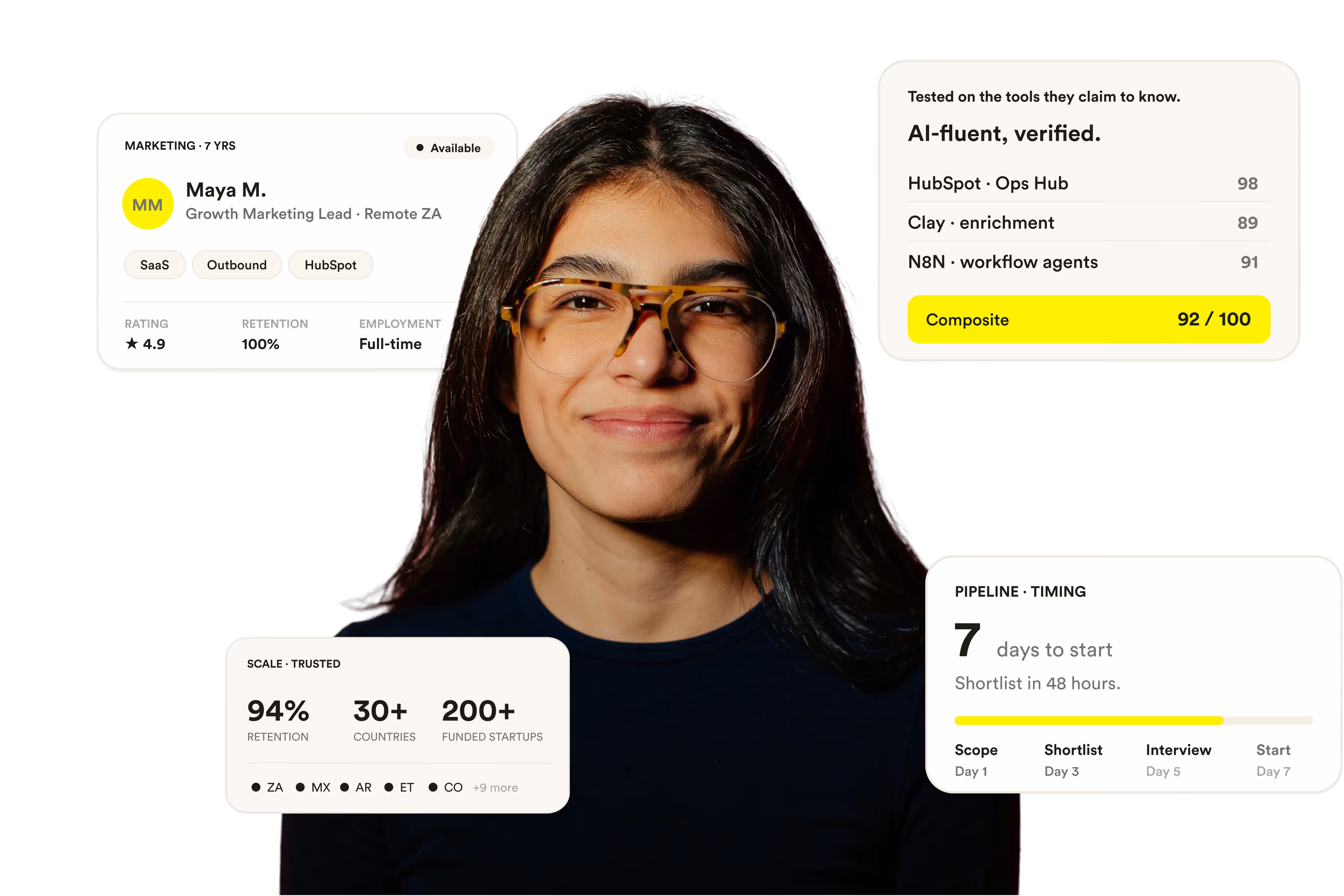 Woman with glasses smiling, surrounded by marketing and AI skills stats and availability info.