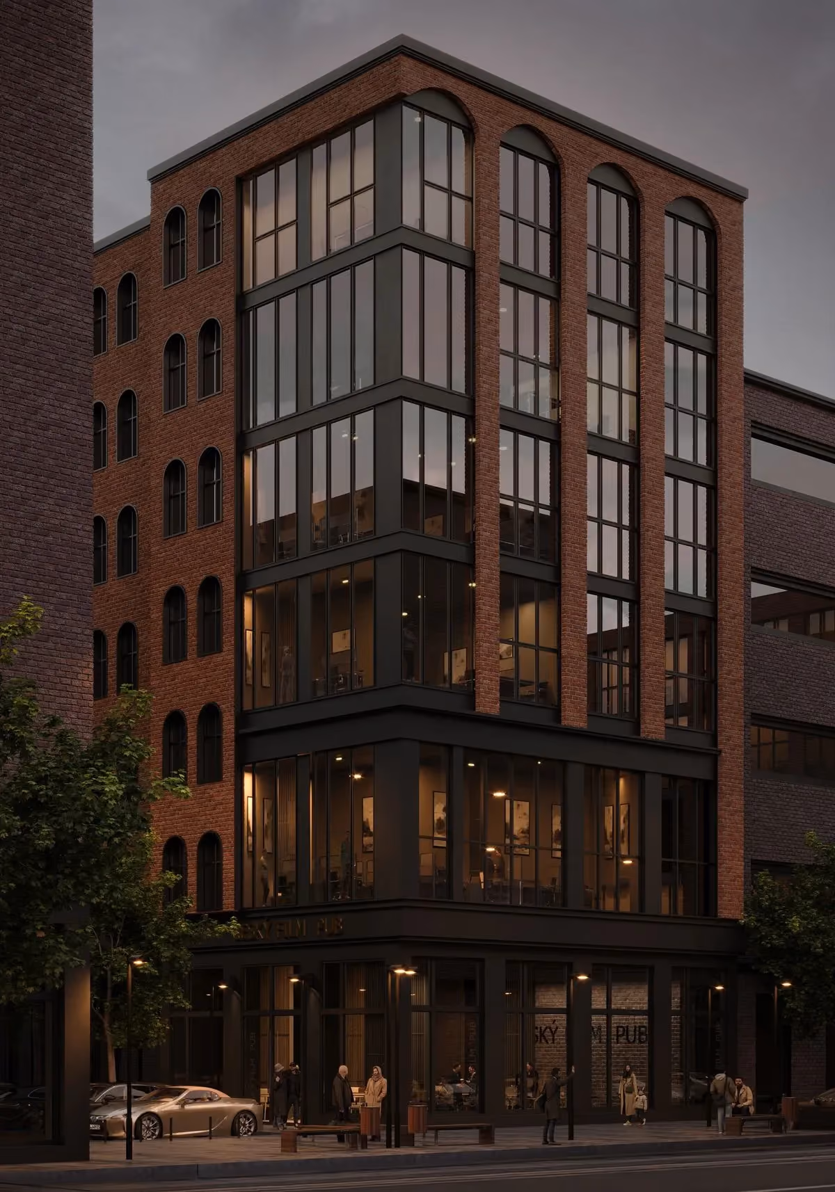 Façade d'immeuble résidentiel en briques au crépuscule