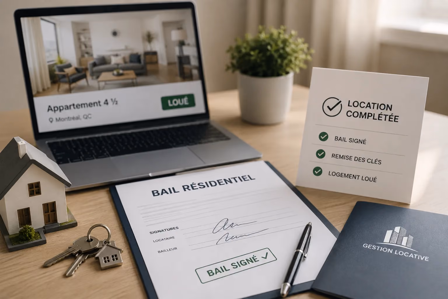 Bail résidentiel signé sur bureau avec clés, miniature de maison, ordinateur affichant appartement loué.