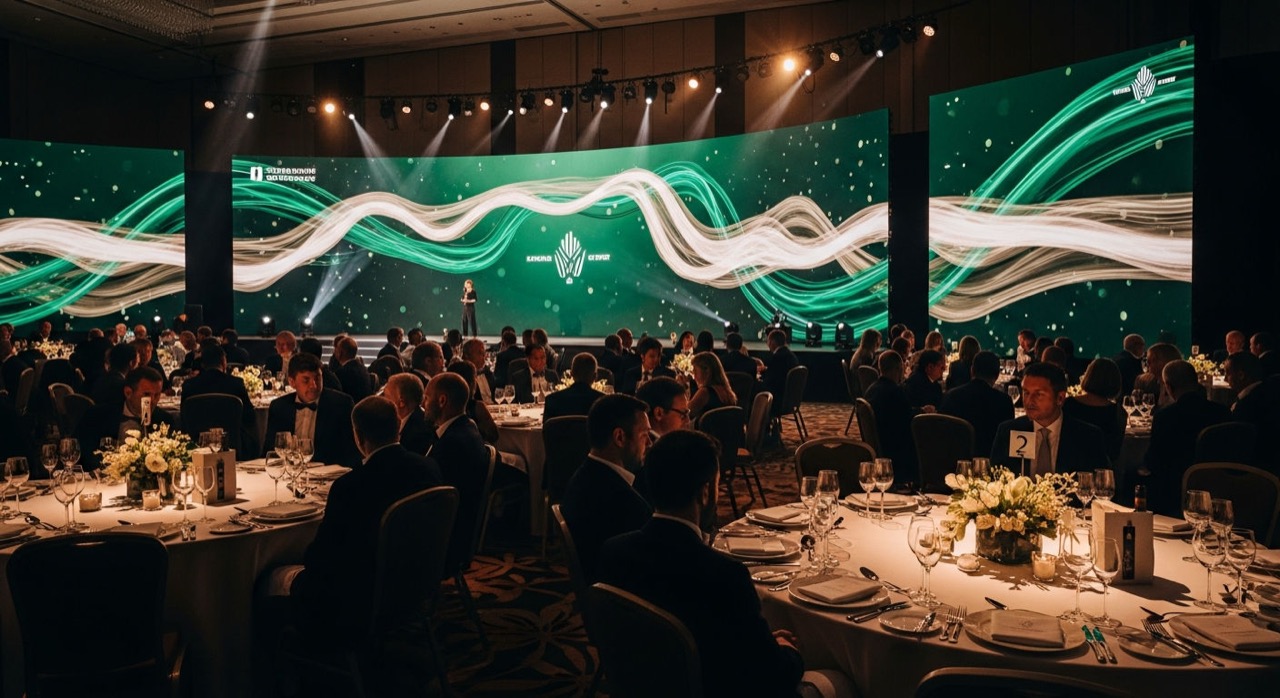 Corporate gala dinner with a large LED video wall backdrop at an NYC venue