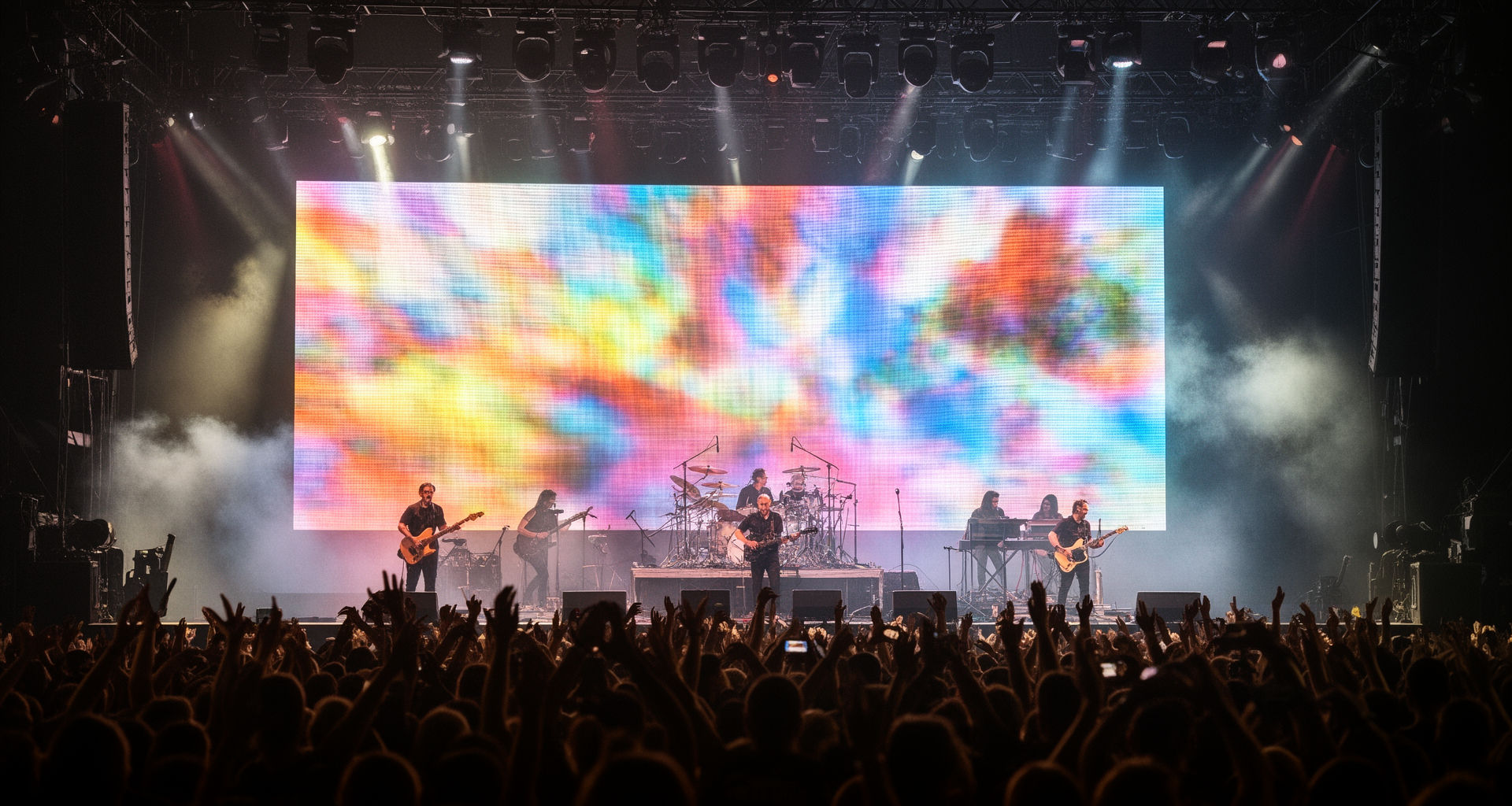 Concert stage LED video wall behind a live band in NYC