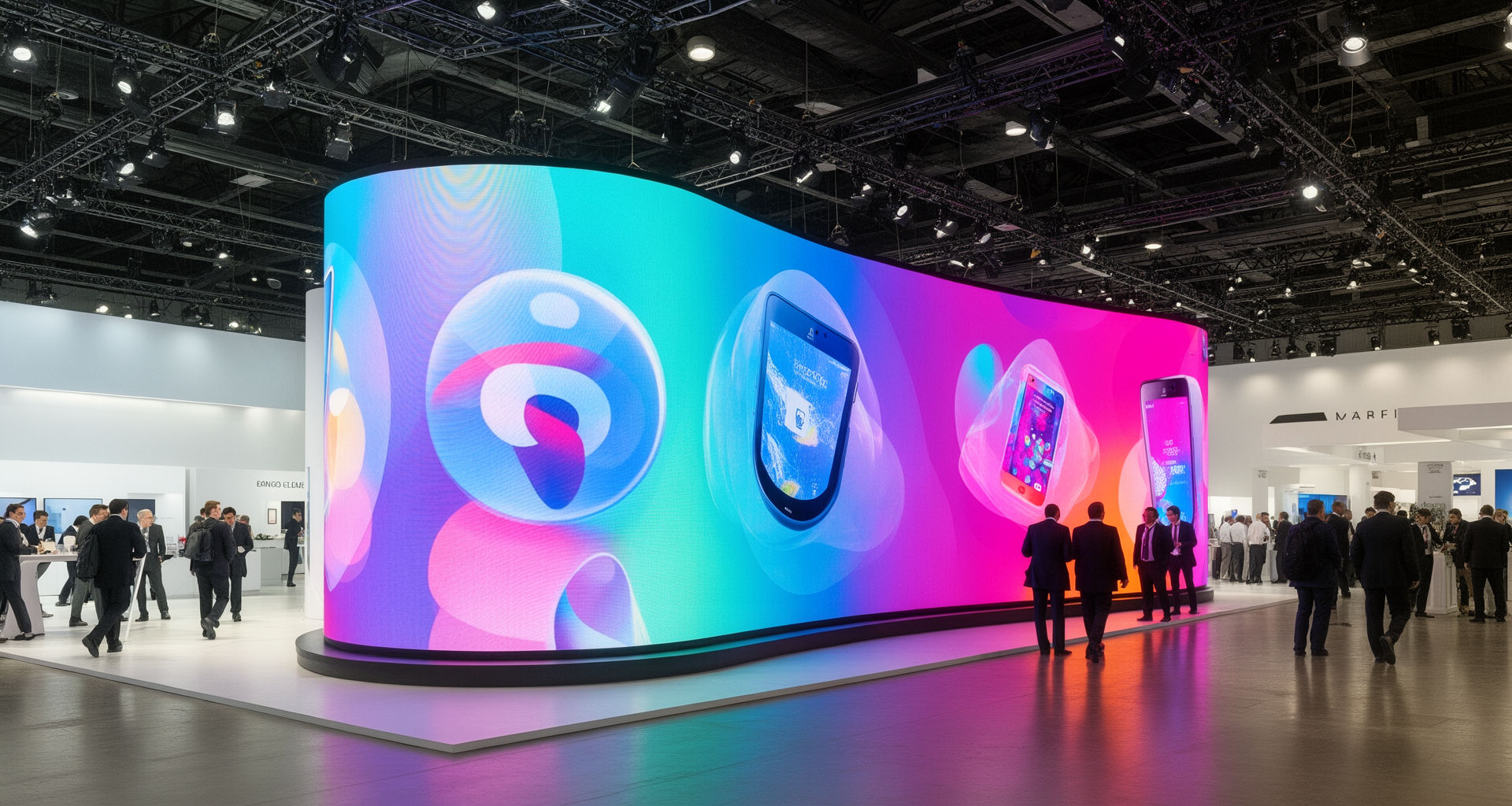 Curved LED video wall at a trade show booth in NYC