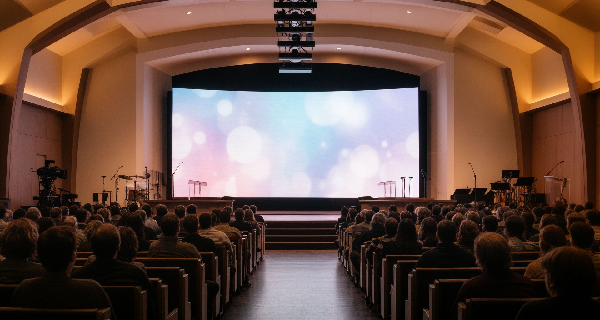 LED video wall on a church sanctuary stage during a worship service in NYC