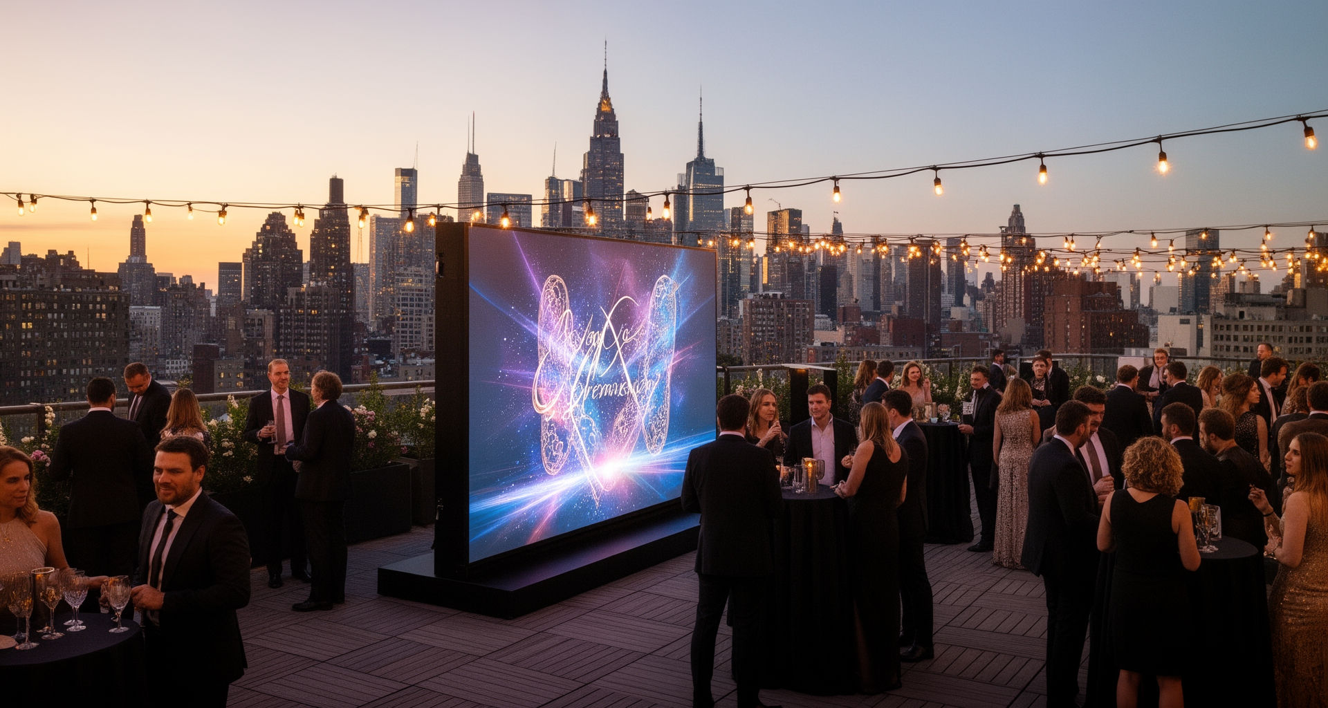 LED wall at a NYC rooftop event with the Manhattan skyline at dusk