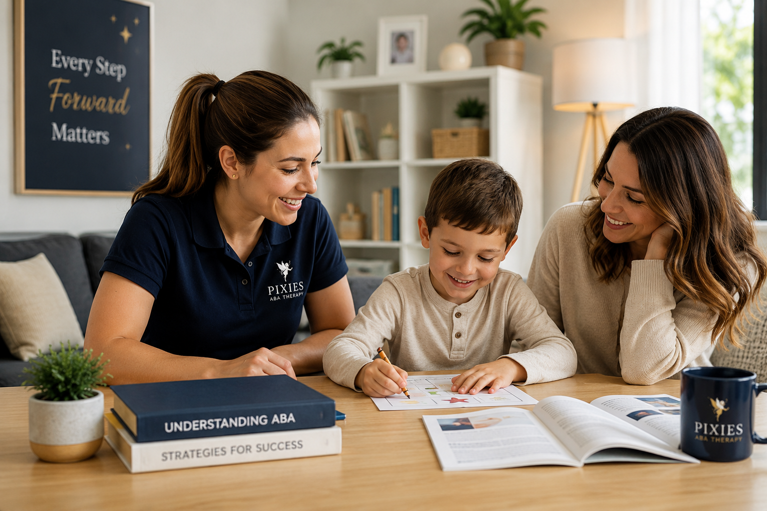 ABA therapist supporting a child during a learning activity