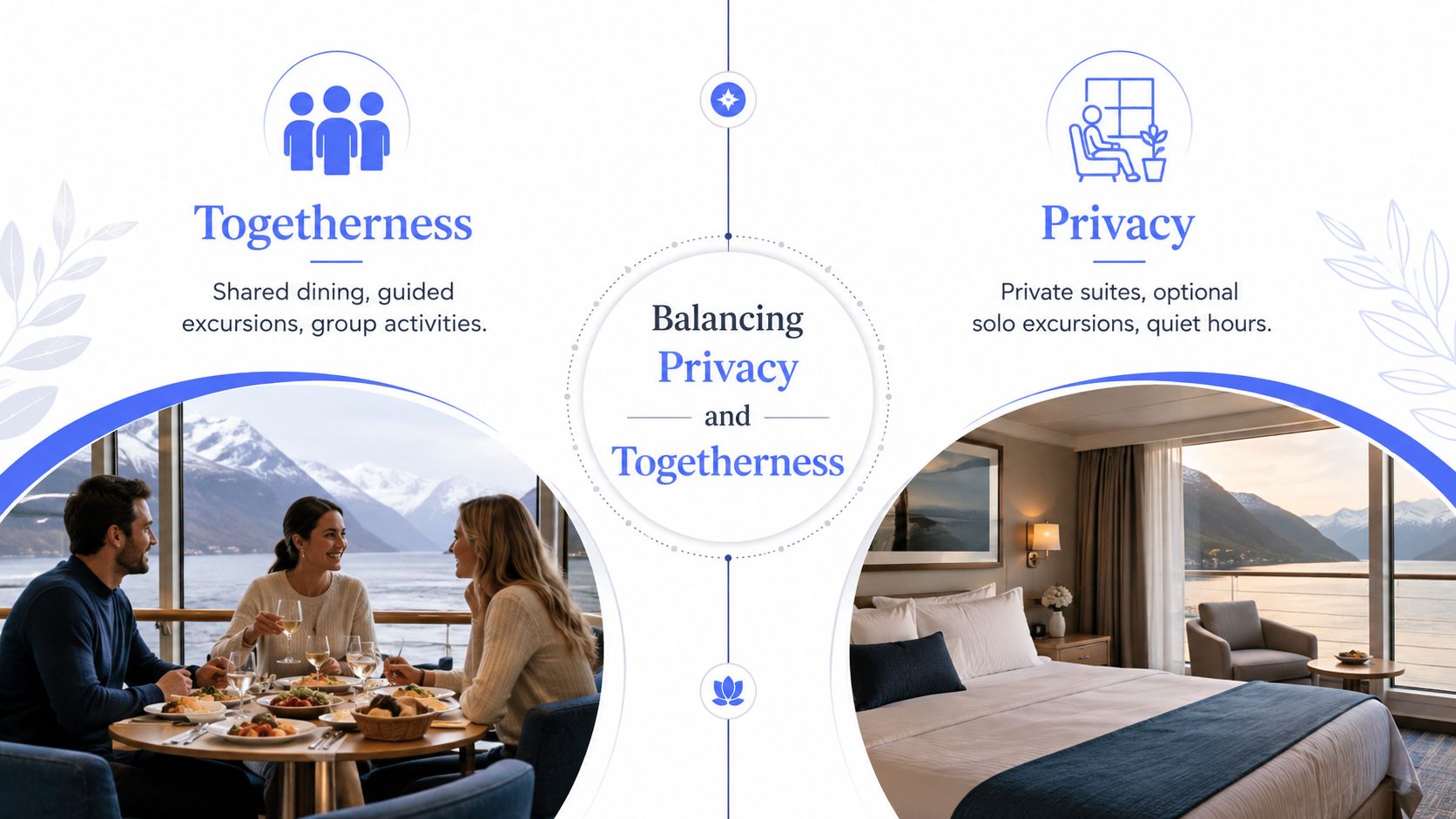 A graphic showing the balance between togetherness in group travel and the need for private luxury accommodations.