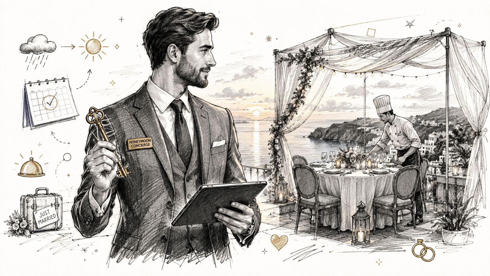 A professional honeymoon concierge holding a key and tablet, overseeing a romantic sunset dinner setup for newlyweds.