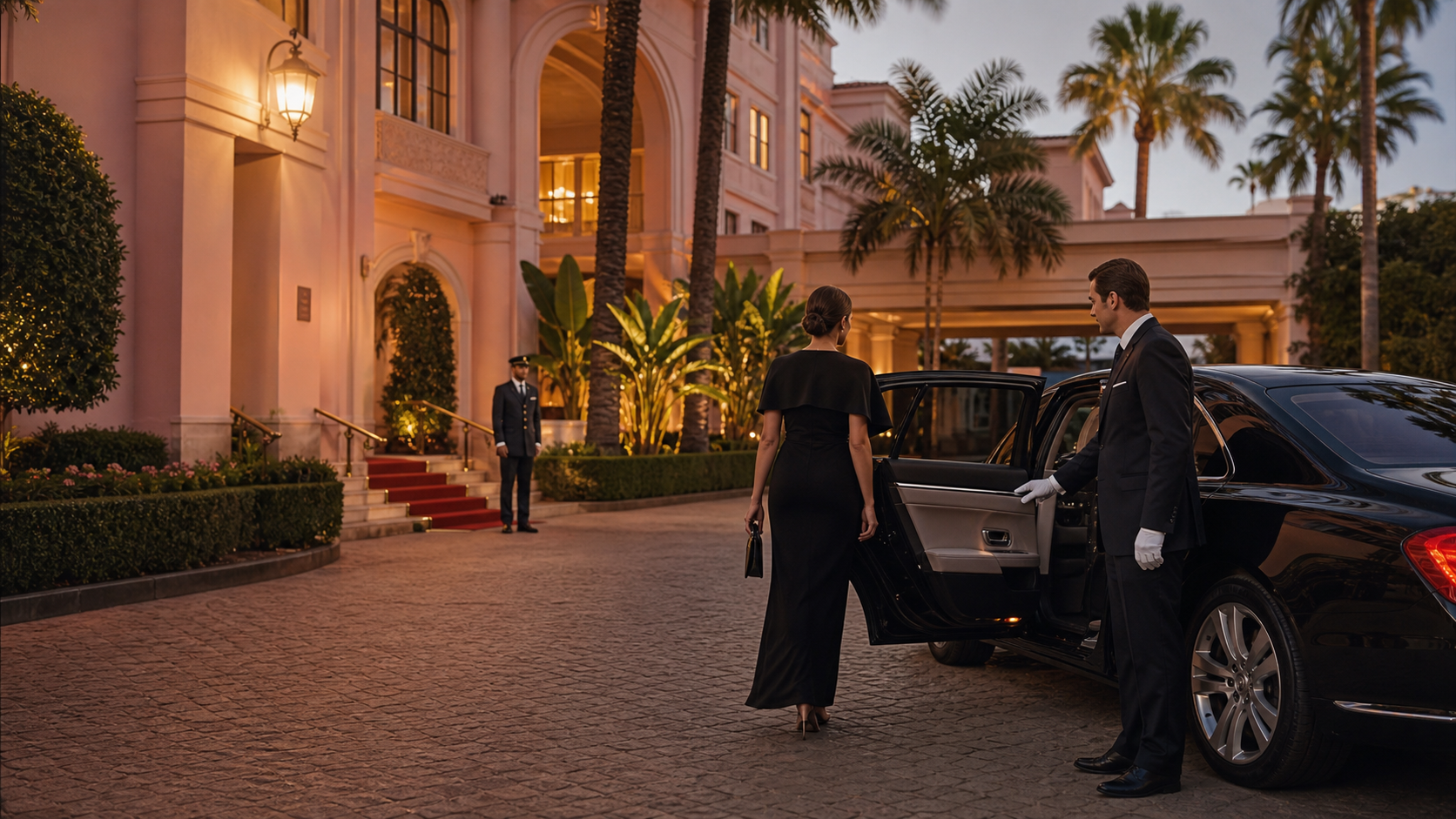 Formally dressed valet holding open a luxury sedan door for a client outside an elegant hotel